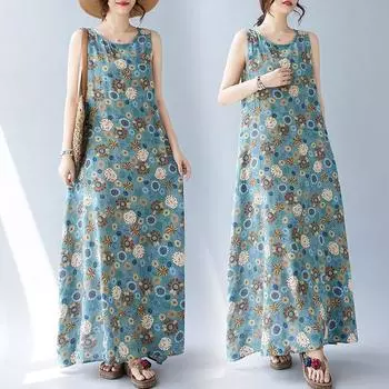 Летнее свободное платье без рукавов с круглым вырезом и принтом средней длины для женщин, повседневные платья M