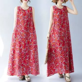 Летнее свободное платье без рукавов с круглым вырезом и принтом средней длины для женщин, повседневные платья M красный
