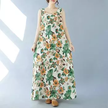 Летнее свободное платье без рукавов с круглым вырезом и принтом средней длины для женщин, повседневные платья L зелёный