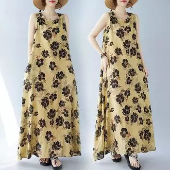 Летнее свободное платье без рукавов с круглым вырезом и принтом средней длины для женщин, повседневные платья M