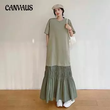 Летнее свободное платье больших размеров с плиссировкой и плиссировкой Платье с короткими рукавами и подолом L