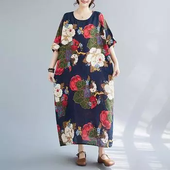 Летнее свободное платье больших размеров из хлопка и льна с круглым вырезом и короткими рукавами длиной до колена one size