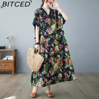 Летнее свободное платье большого размера с v-образным вырезом, хлопковое и льняное тонкое платье с короткими рукавами, женская темпераментная длинная юбка One Size красный