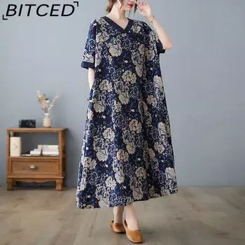 Летнее свободное платье большого размера с v-образным вырезом, хлопковое и льняное тонкое платье с короткими рукавами, женская темпераментная длинная юбка One Size синий