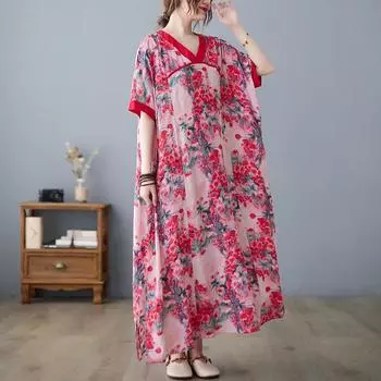 Летнее свободное платье большого размера в китайском стиле с V-образным вырезом, контрастное хлопковое льняное платье с короткими рукавами, утягивающее, средней длины, для женщин, платья one size
