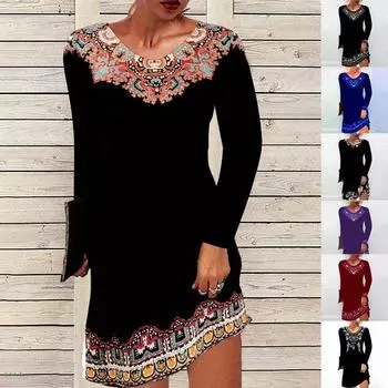 Летнее свободное платье с цветочным принтом и длинными рукавами, женское повседневное пляжное платье с круглым вырезом S белый