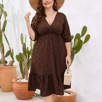 Летнее свободное пляжное платье с v-образным вырезом, женское повседневное платье в горошек размера XL-5XL, модное платье с короткими рукавами и высокой талией, халат Femme 25283 XL орион