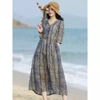 Летнее свободное полосатое набивное хлопковое льняное платье с V-образным вырезом и пятью рукавами для женщин с талией средней длины, повседневные платья M