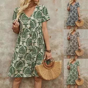 Летнее свободное повседневное элегантное платье с короткими рукавами и принтом L