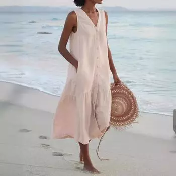 Летнее свободное повседневное лоскутное хлопковое льняное платье с карманами и V-образным вырезом в пляжном стиле без рукавов винтажное однотонное женское платье XS белый