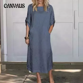 Летнее свободное повседневное однотонное хлопковое льняное платье больших размеров с короткими рукавами