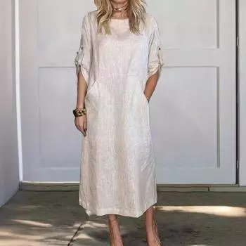Летнее свободное повседневное однотонное платье с короткими рукавами S белый