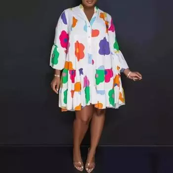 Летнее свободное повседневное платье-рубашка с длинным рукавом и V-образным вырезом, женское элегантное платье большого размера с цветочным принтом, женское винтажное однобортное женское платье, новое 26548 S чёрный