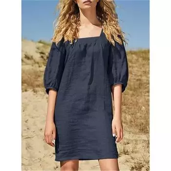 Летнее свободное повседневное платье с квадратным вырезом, женское пышное вечернее короткое платье с короткими рукавами, женская мода из хлопка и льна, элегантные платья трапециевидной формы, женские 1038 S коричневый