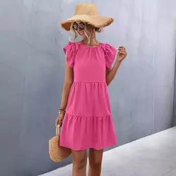 Летнее свободное повседневное платье с рюшами, женское новое элегантное плиссированное платье трапециевидной формы с круглым вырезом, винтажное модное вечернее платье миди с короткими рукавами Lady 807 S синий