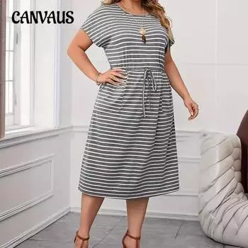 Летнее свободное повседневное женское платье в полоску с короткими рукавами и карманами больших размеров L серый