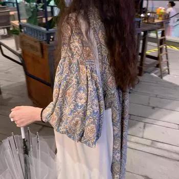 Летнее свободное ретро женское платье с цветочным принтом, рукавами-фонариками, V-образным вырезом, плиссированное женское платье One size светло-синий