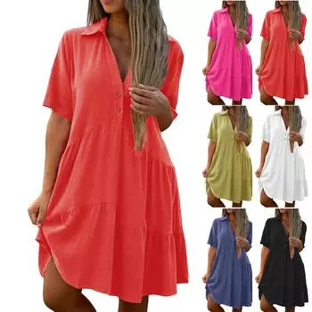 Летнее свободное сплошное цветное повседневное хлопковое льняное платье с короткими рукавами L чёрный