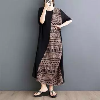 Летнее свободное утягивающее платье с принтом в стиле пэчворк, длинная пляжная юбка для женщин average size