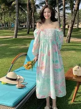 Летнее свободное вечернее платье с рукавами-фонариками, винтажное женское милое праздничное длинное платье с принтом, модное элегантное очаровательное платье S