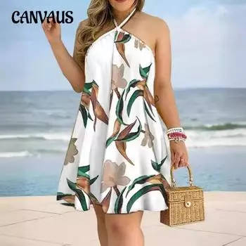 Летнее свободное женское платье без бретелек с принтом и висячим галстуком на шее S зелёный/белый