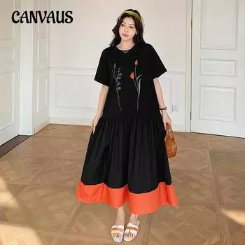 Летнее свободное женское платье больших размеров в курортном стиле с цветными блоками, плиссированное платье с коротким рукавом и подолом L чёрный