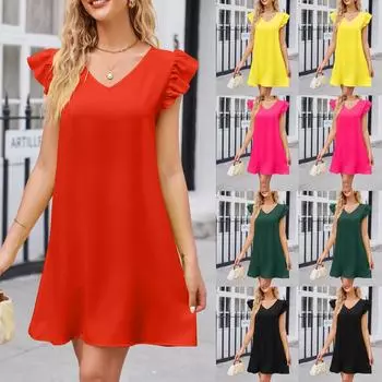 Летнее темпераментное нежное однотонное удобное модное платье с v-образным вырезом и рукавами-пузырьками, короткое платье XXL чёрный