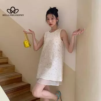 Летнее темпераментное платье в стиле знаменитостей с тяжелыми блестками и бисером из органзы, жилет, длинное платье, платье в повседневном стиле S абрикосовый