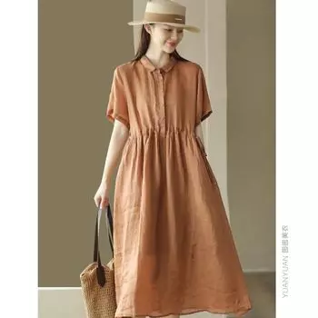 Летнее тонкое хлопково-льняное платье с коротким рукавом, женское платье-рубашка с облегающей талией и эффектом похудения, однотонное, уменьшающее возраст, льняная юбка миди, мода Caramel L