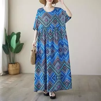 Летнее тонкое хлопковое круглое шею с принтом, простое художественное свободное бохо средней длины платье для женщин one size красный