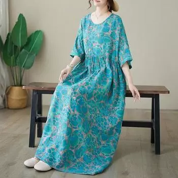 Летнее тонкое хлопковое льняное художественное свободное простое бохо платье средней длины для женщин one size арбуз красный