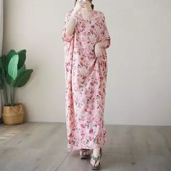 Летнее тонкое хлопковое льняное художественное свободное простое бохо платье средней длины с V-образным вырезом для женщин one size