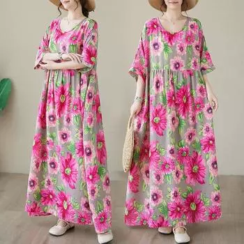 Летнее тонкое хлопковое льняное художественное свободное простое платье средней длины для женщин повседневные платья M