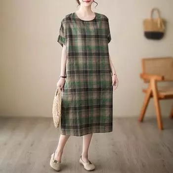 Летнее тонкое хлопковое льняное клетчатое платье больших размеров, художественное женское платье выше колена средней длины для женщин one size