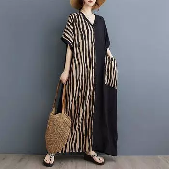 Летнее тонкое хлопковое льняное платье с принтом, V-образным вырезом, короткими рукавами, контрастное черное длинное платье для женщин one size