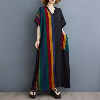 Летнее тонкое хлопковое льняное платье с принтом, V-образным вырезом, короткими рукавами, контрастными вставками, черное длинное платье для женщин one size