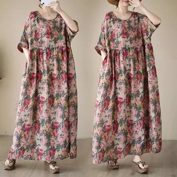 Летнее тонкое хлопковое льняное платье с круглым вырезом, розовым принтом, простое платье средней длины для женщин, повседневные платья M