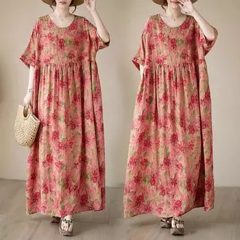 Летнее тонкое хлопковое льняное платье с круглым вырезом и красным принтом, простое среднее длинное платье для женщин, повседневные платья M красный