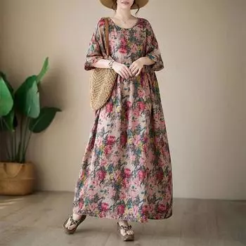 Летнее тонкое хлопковое льняное платье с круглым вырезом и розовым принтом в стиле бохо средней длины для женщин one size