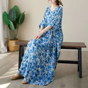 Летнее тонкое хлопковое льняное платье с круглым вырезом и короткими рукавами, простое среднее длинное платье с цветочным принтом для женщин, повседневные платья M
