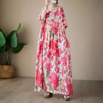 Летнее тонкое хлопковое льняное платье с круглым вырезом и красным принтом, простое среднее длинное платье для женщин, повседневные платья M розовый