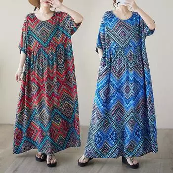 Летнее тонкое хлопковое платье с круглым вырезом и принтом, простое художественное свободное платье средней длины для женщин, повседневные платья M красный