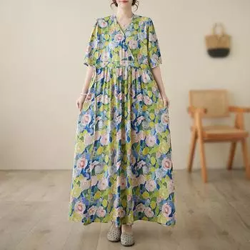 Летнее тонкое художественное платье большого размера со шнуровкой средней длины с V-образным вырезом для женщин, винтажные платья M