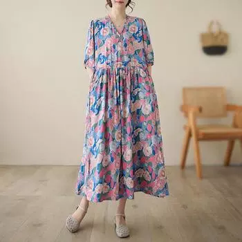 Летнее тонкое художественное платье большого размера со шнуровкой средней длины с V-образным вырезом для женщин, винтажные платья M