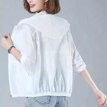 Летнее тонкое пальто женская солнцезащитная одежда модная свободная куртка с карманом и молнией с капюшоном женская верхняя одежда ветровка S белый