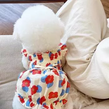 Летнее тонкое платье с летящими рукавами и цветочным принтом для собак, милое платье с цветочным принтом для щенков, одежда для домашних животных с плюшевым цветком, платья для маленьких собак XS