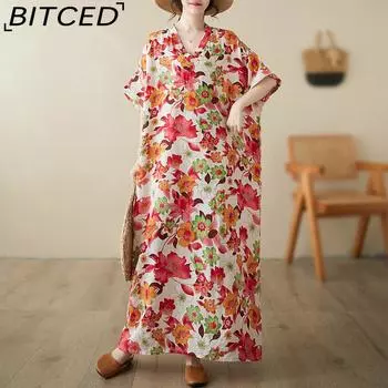 Летнее тонкое пляжное платье больших размеров с v-образным вырезом в литературном праздничном стиле, винтажные длинные платья One Size красный