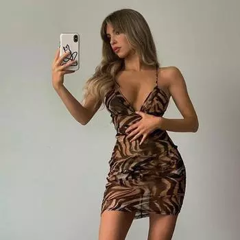 Летнее тонкое сексуальное платье с открытой спиной и подтяжками в европейском и американском стиле с леопардовым принтом для женщин L