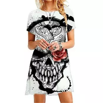 Летнее тонкое сексуальное женское мини-платье с коротким рукавом Модная женская одежда с круглым вырезом Скелет Однотонное повседневное платье трапециевидной формы XL