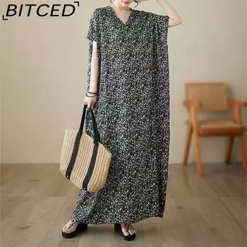 Летнее тонкое свободное платье с v-образным вырезом больших размеров в литературном праздничном стиле, пляжное платье, винтажные длинные платья One Size чёрный